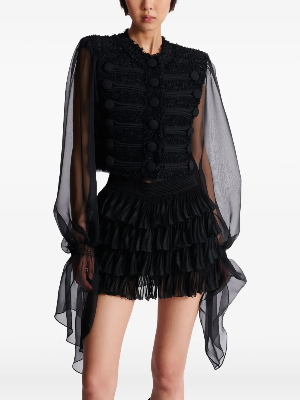 Balmain Tweed jack met chiffon mouwen Zwart