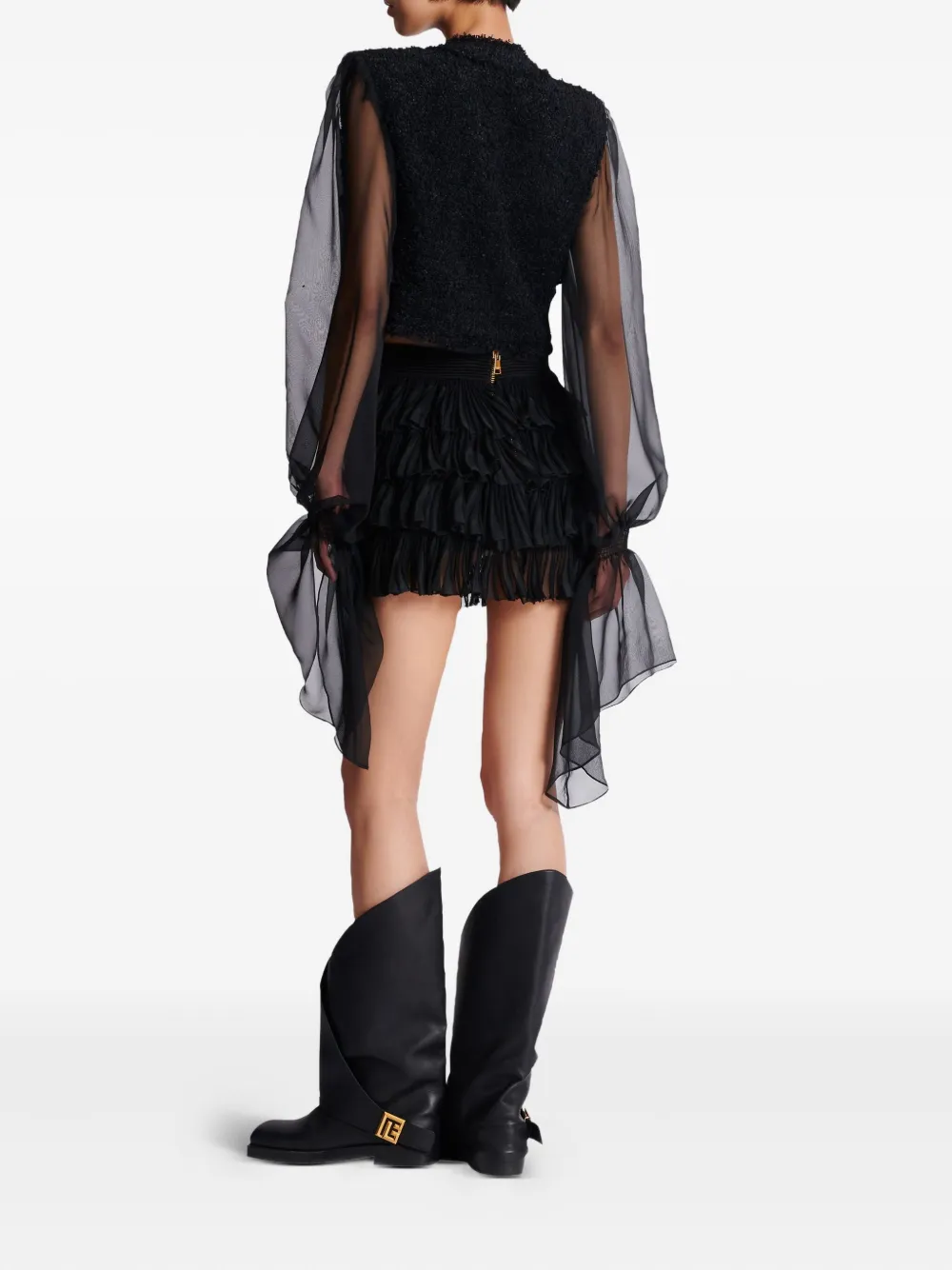 Balmain Tweed jack met chiffon mouwen Zwart