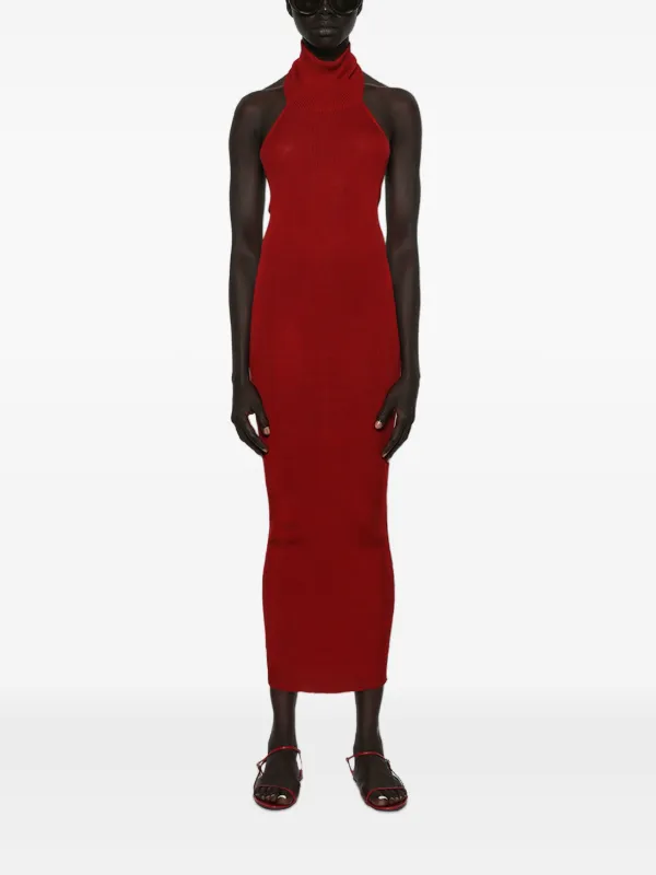 halter neck midi dress uk HALTERNECK MATT SILK MIDI DRESS RED
