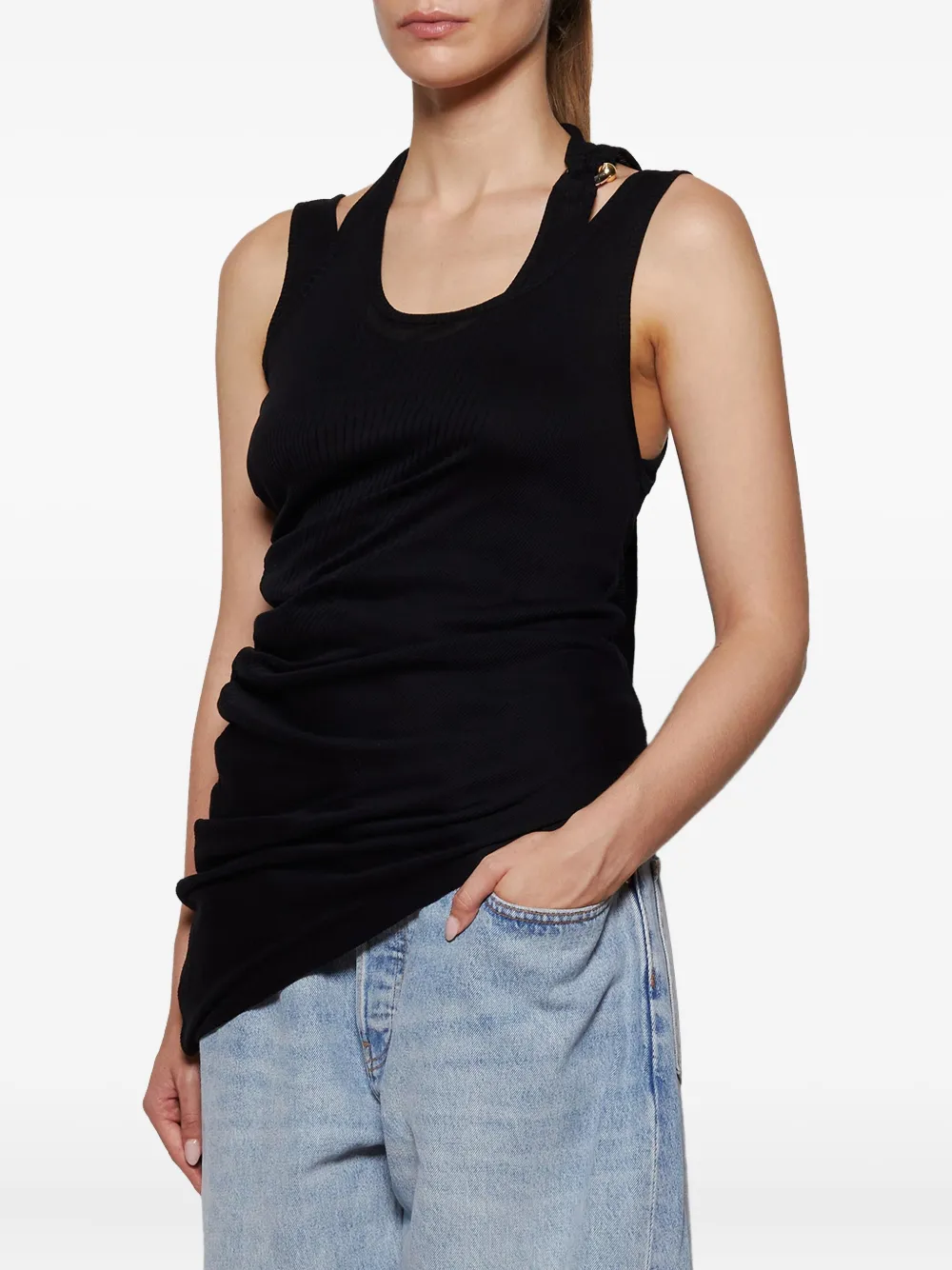 Jean Paul Gaultier Black Ribbed Twisted Double Layer Piercing Tank Top In Black