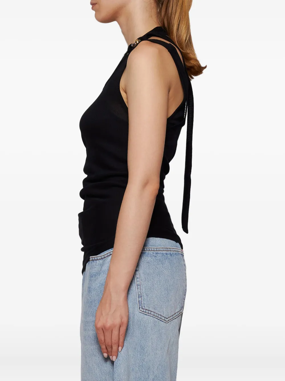 Jean Paul Gaultier Black Ribbed Twisted Double Layer Piercing Tank Top In Black
