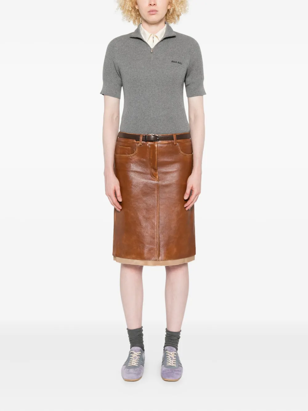 Miu Leren midi-rok Bruin
