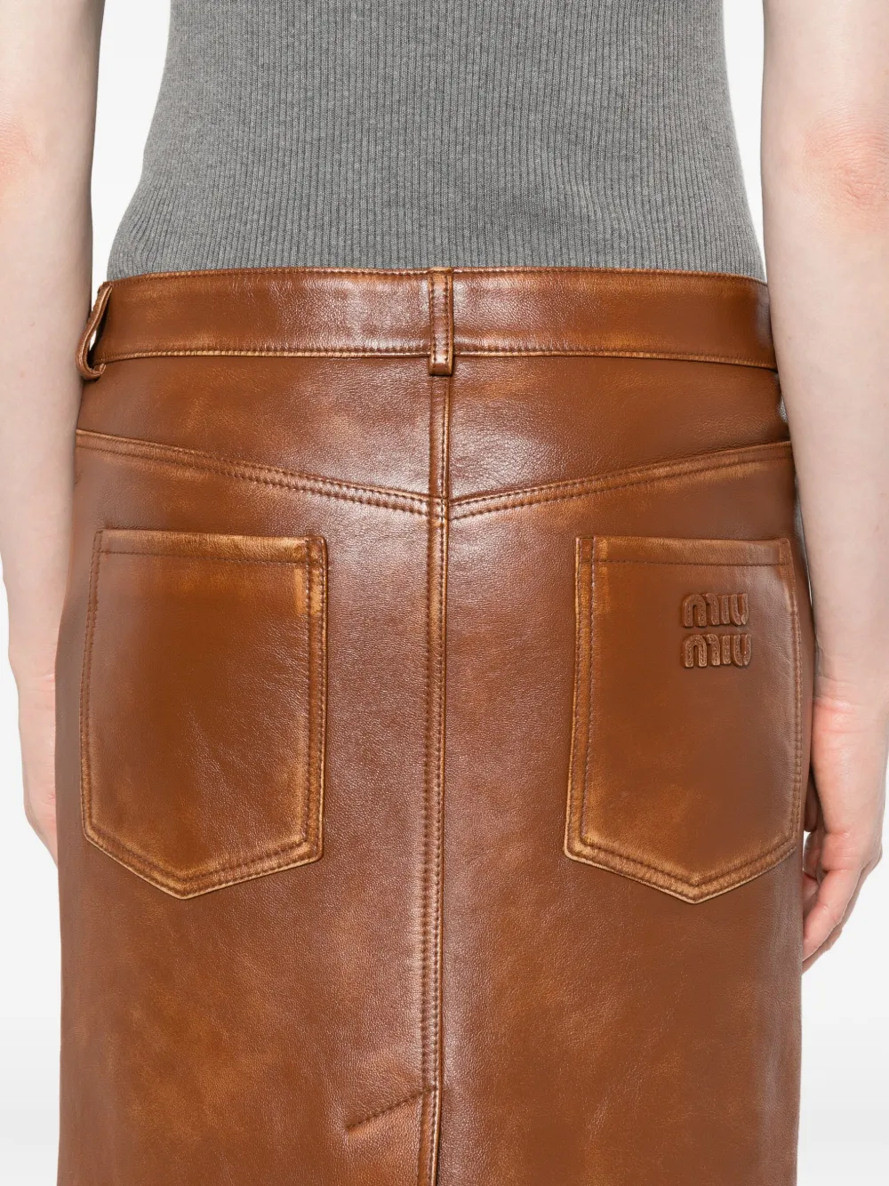 Miu Leren midi-rok Bruin