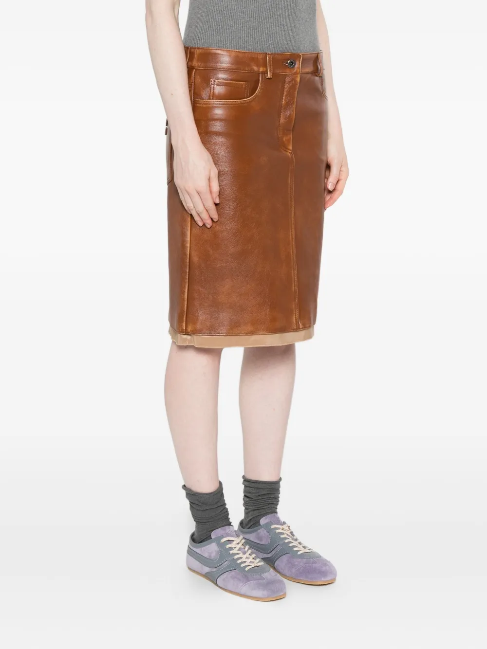 Miu Leren midi-rok Bruin