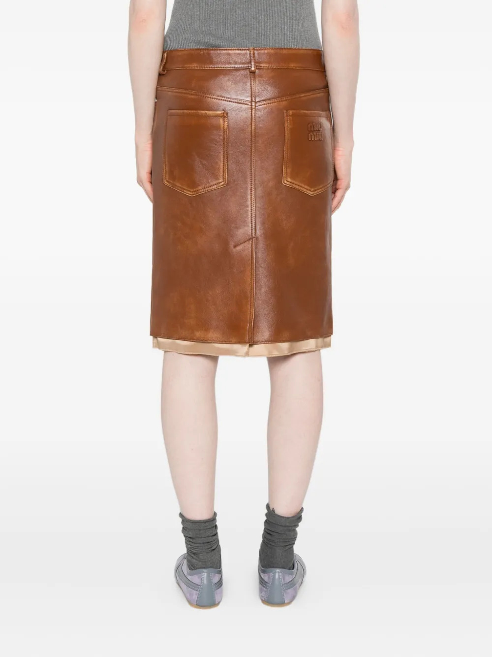 Miu Leren midi-rok Bruin