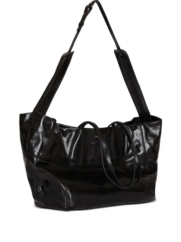 Balmain Track Shiny Leather Tote Bag in Black
