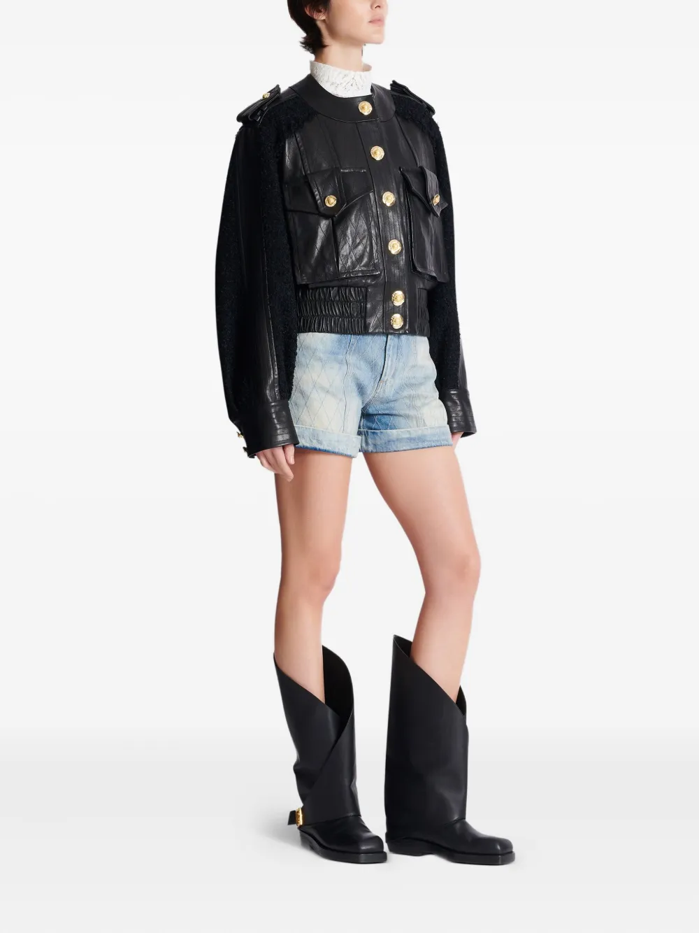 Shop Balmain Tweed-panel Leather Bomber Jacket