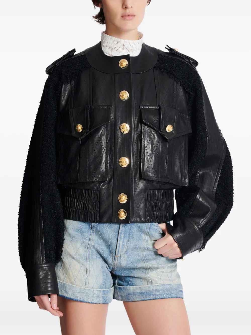 Shop Balmain Tweed-panel Leather Bomber Jacket