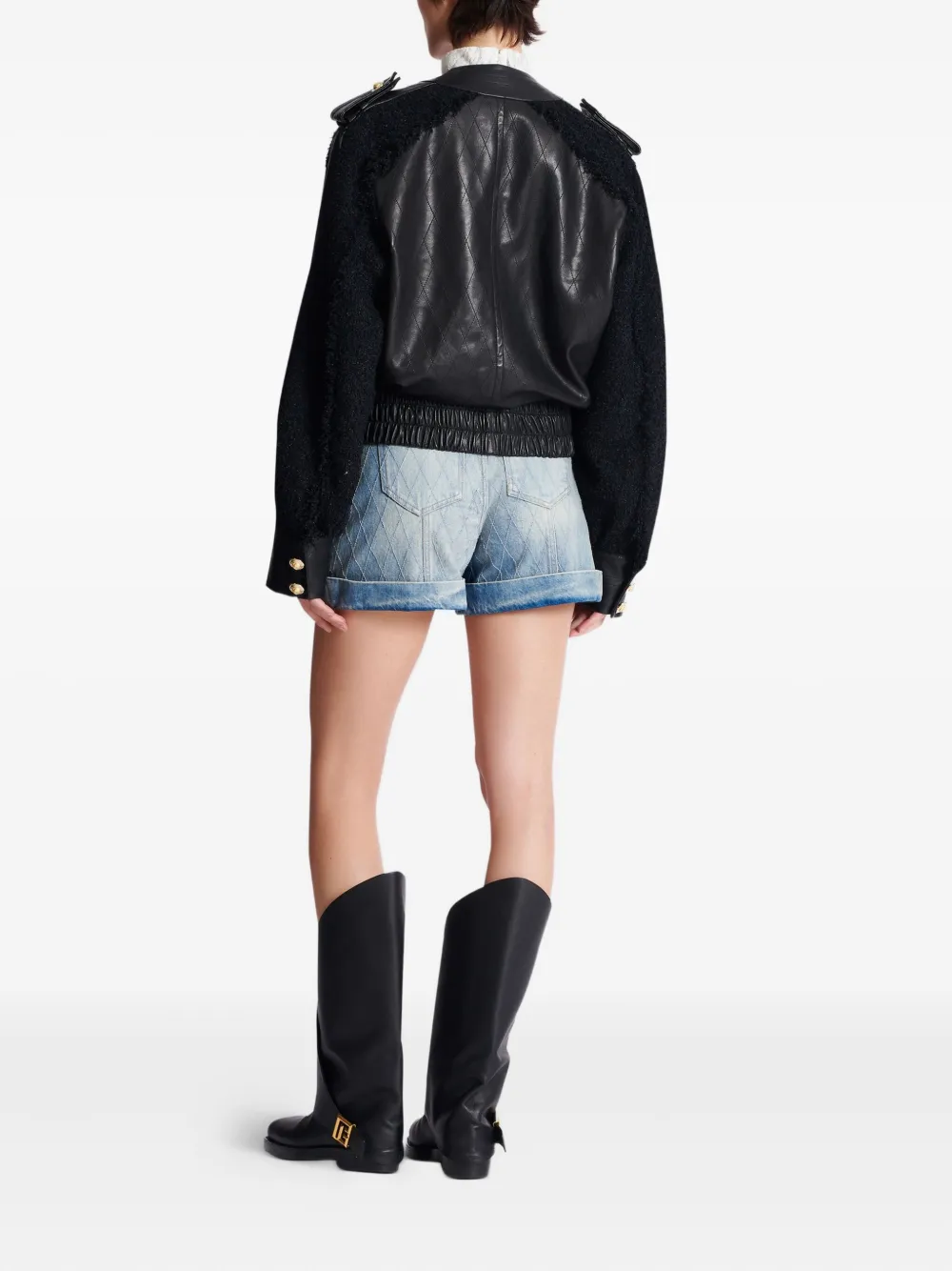 Shop Balmain Tweed-panel Leather Bomber Jacket