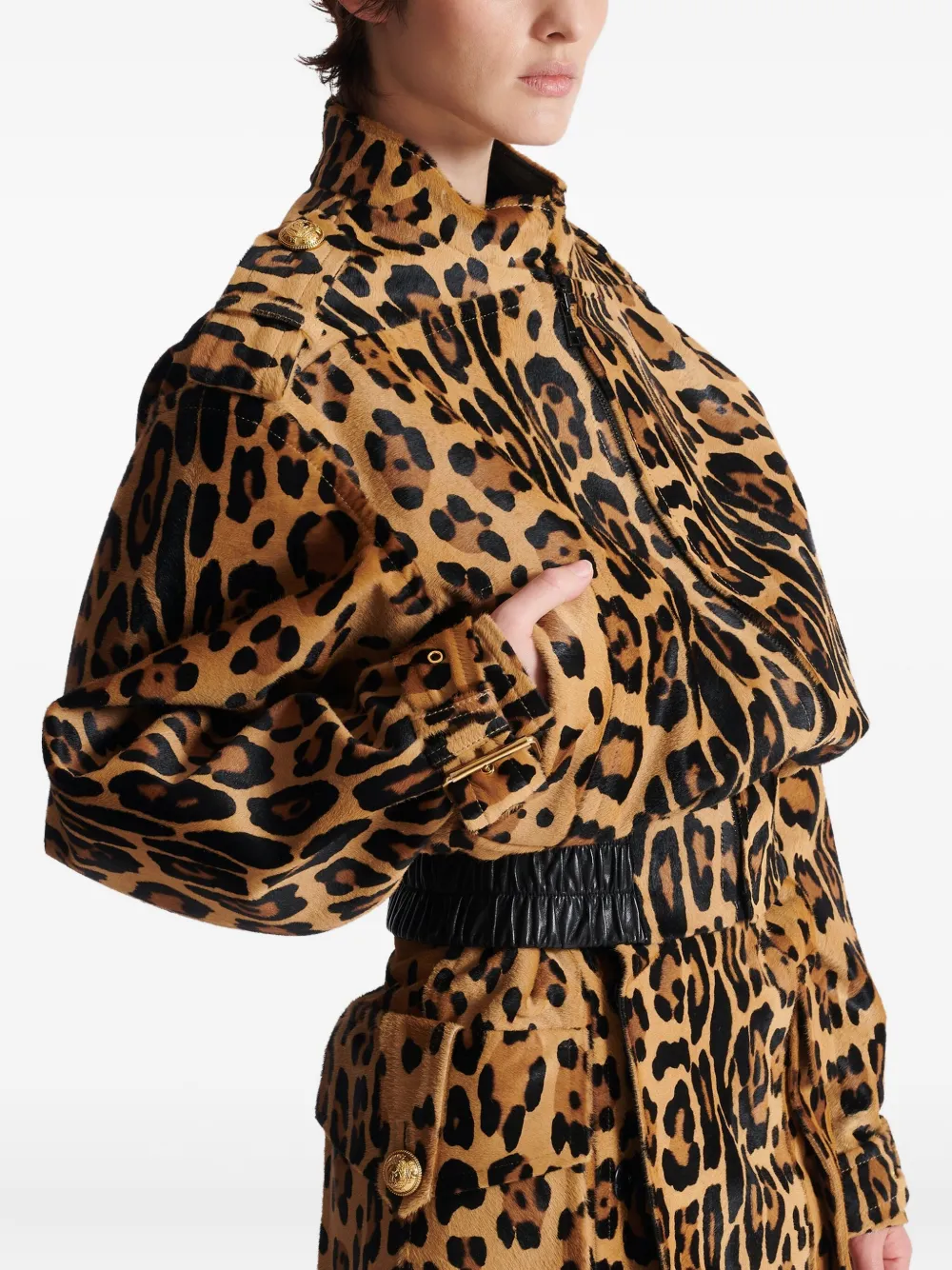 leopard-print leather bomber jacket