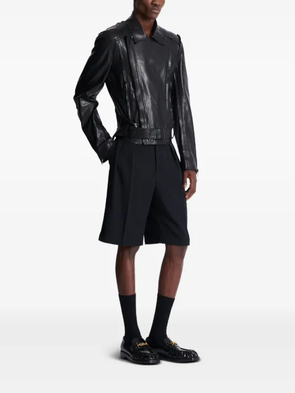 ダウンジャケット・コート BALMAIN Leather Jacket Balmain Leather Fur Trimmed Jacket Coat in Black Size 38 Or
