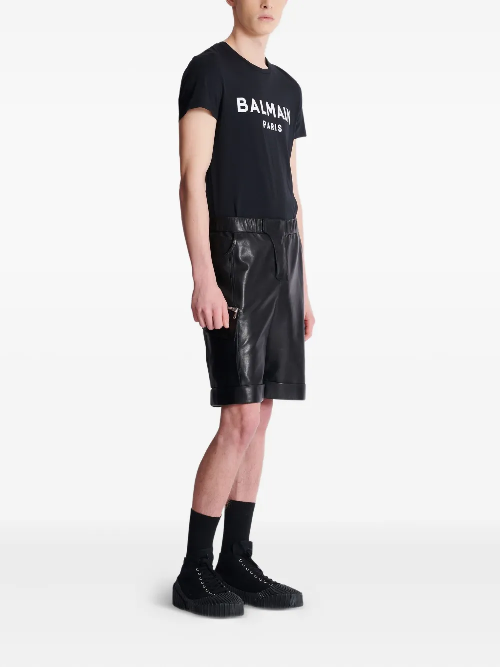 Balmain Leren shorts Zwart