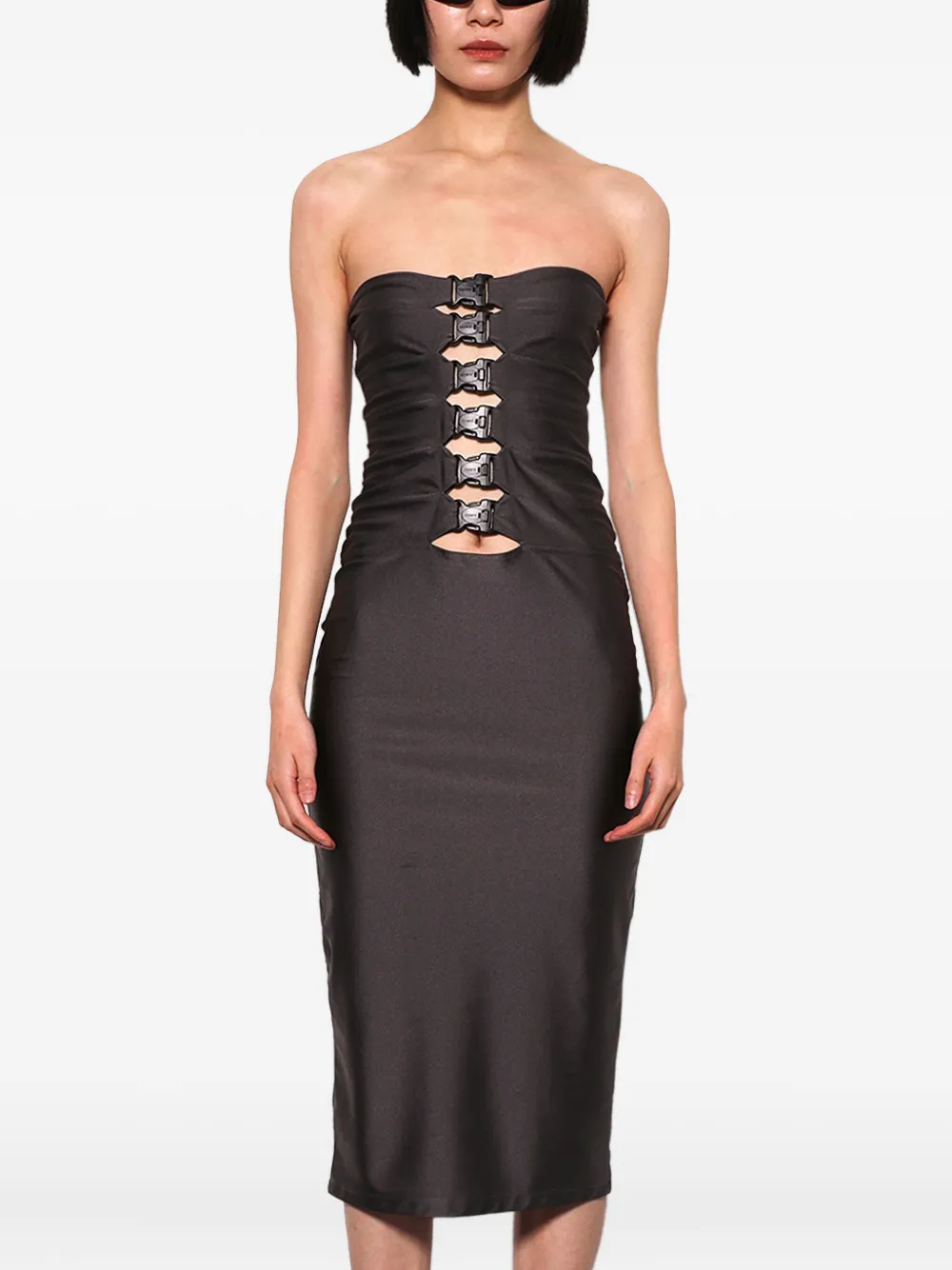 buckle-detail strapless midi dress
