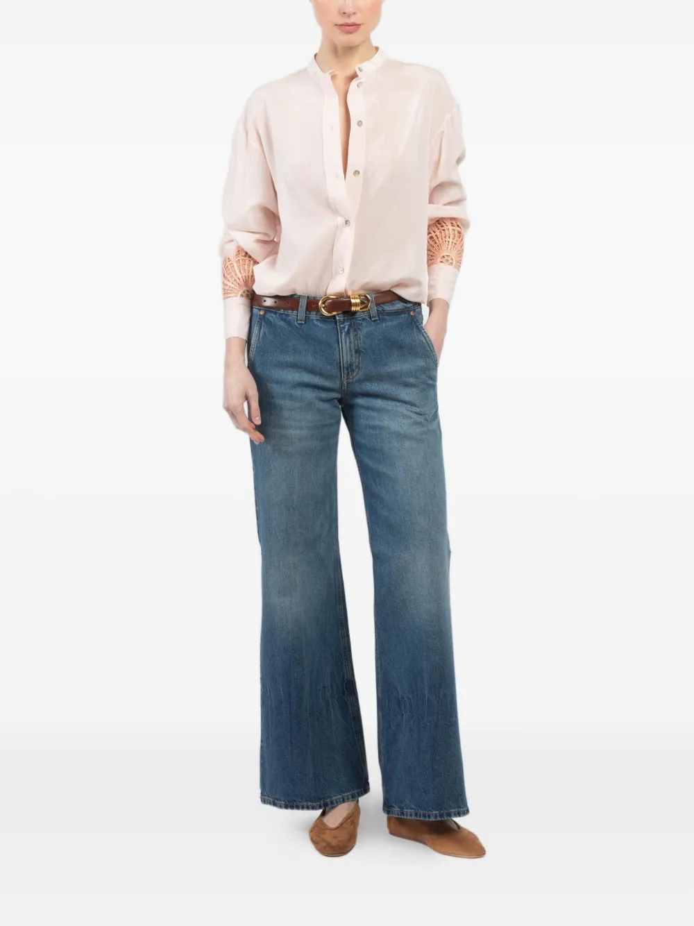 FORTE FORTE EMBROIDERED-SLEEVE BUTTON-UP SHIRT