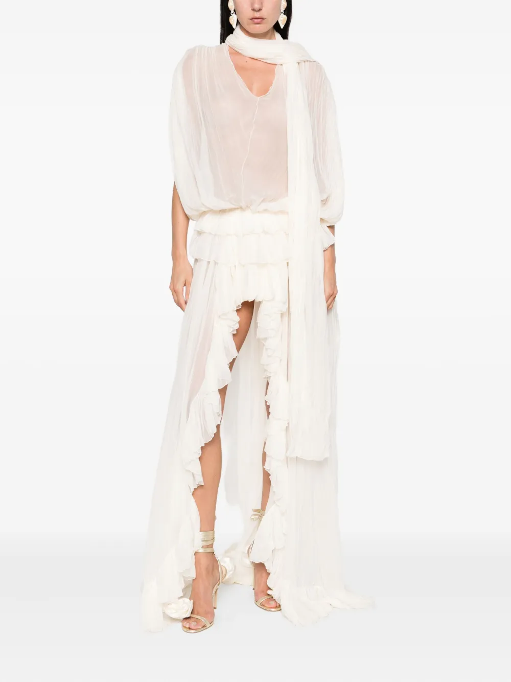Blumarine pleated ruffled asymmetric day dress Beige