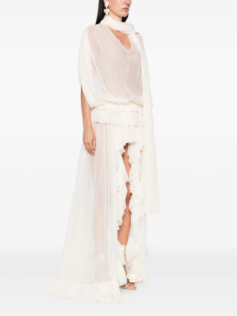 Blumarine pleated ruffled asymmetric day dress Beige