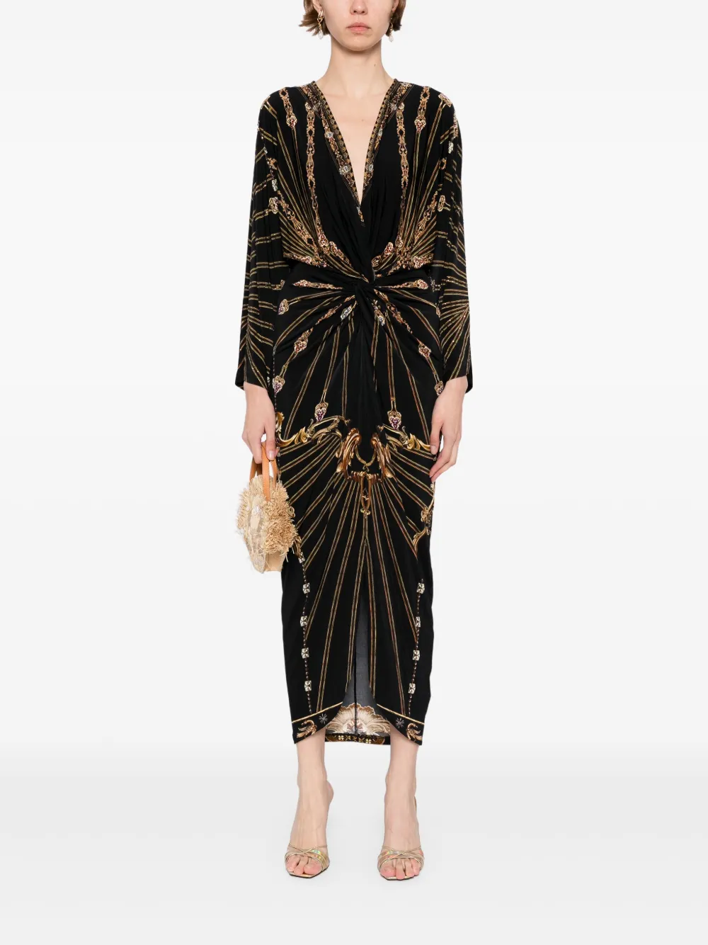Camilla Maxi-jurk met split en gedraaid detail - Zwart
