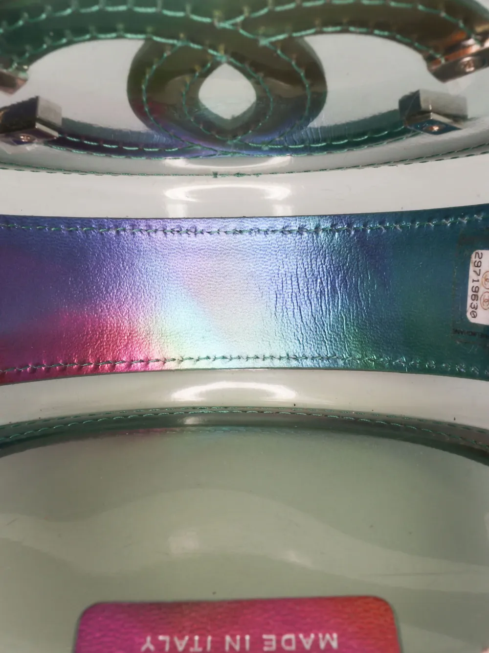 CHANEL Pre-Owned 2019 PVC and Metallic Lambskin CC Filigree Round Clutch with Chain crossbody bag | Bags | Image 4