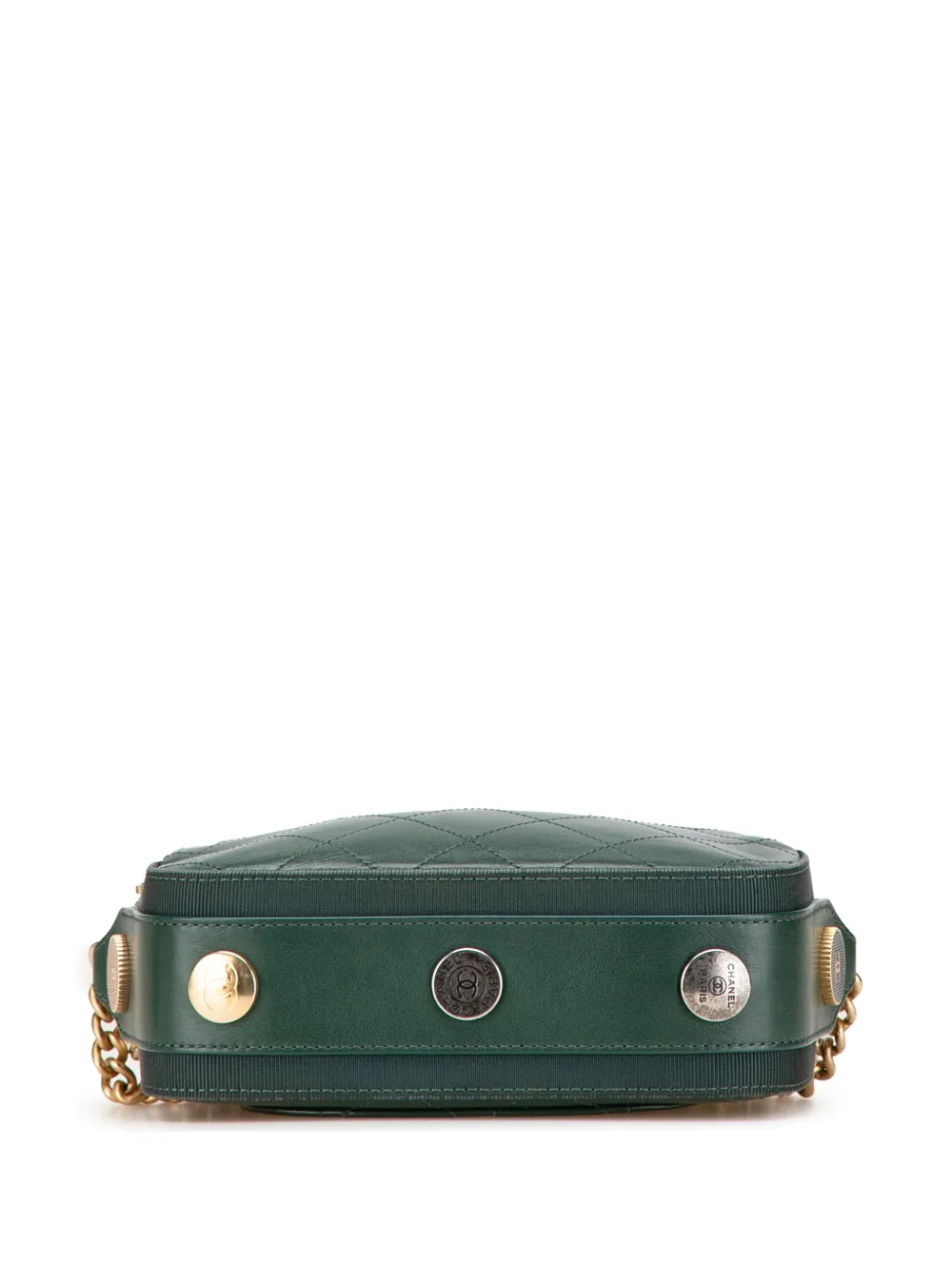Pre-owned Chanel 2018-2019 Stitched Calfskin And Grosgrain Button Up Double Zip Camera Bag Crossbody Bag In Green