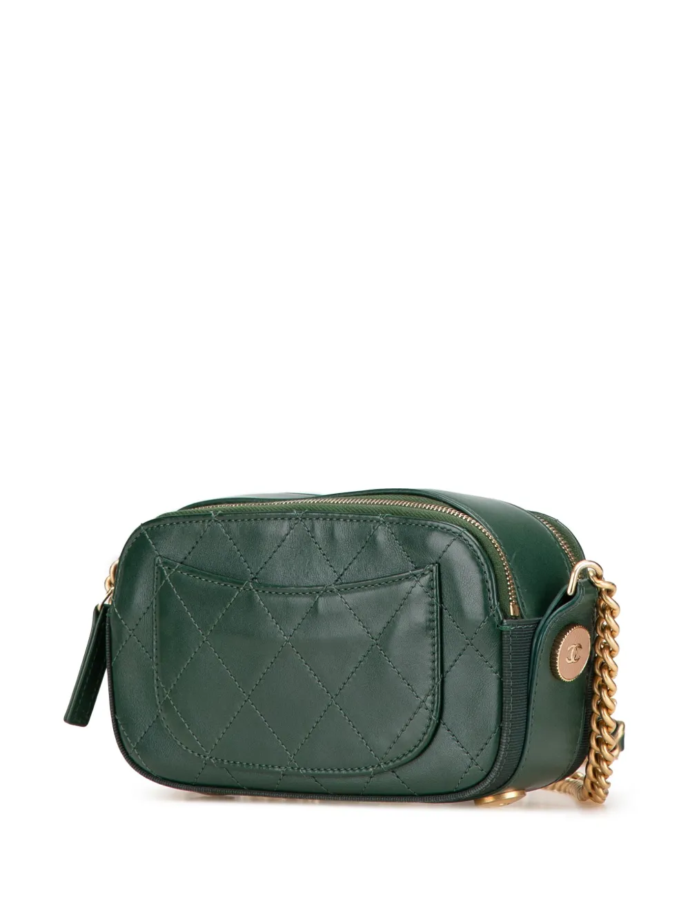 Pre-owned Chanel 2018-2019 Stitched Calfskin And Grosgrain Button Up Double Zip Camera Bag Crossbody Bag In Green