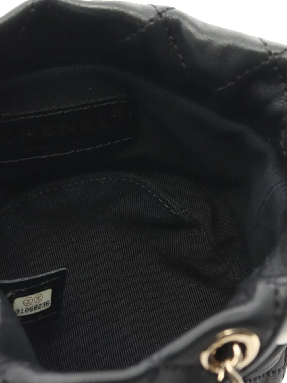 Pre-owned Chanel 2021 Mini Quilted Lambskin About Pearls Drawstring Bucket Bag In Black