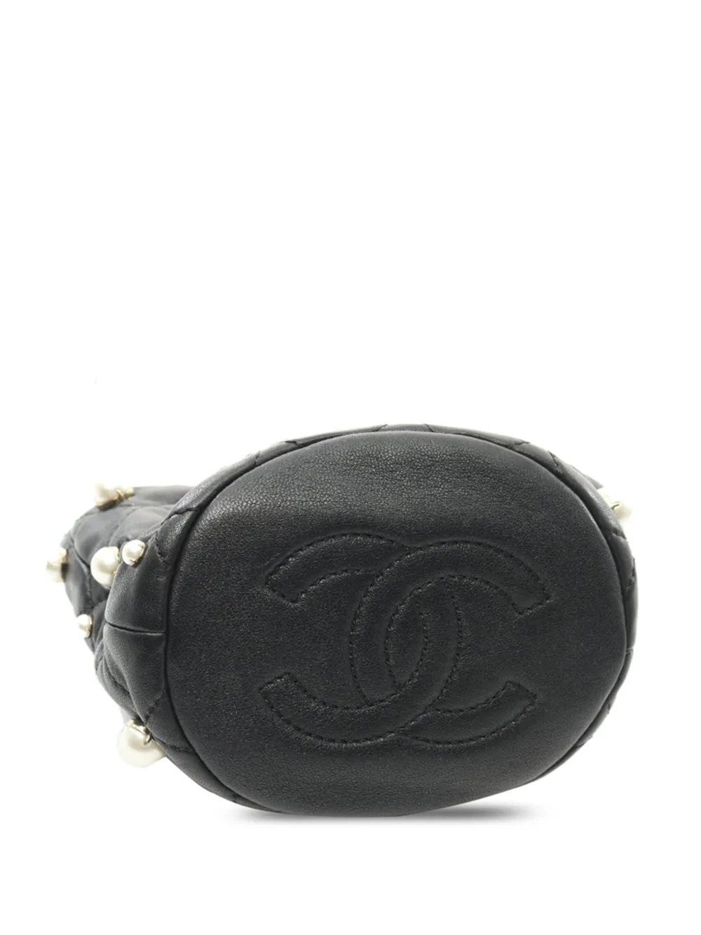Pre-owned Chanel 2021 Mini Quilted Lambskin About Pearls Drawstring Bucket Bag In Black