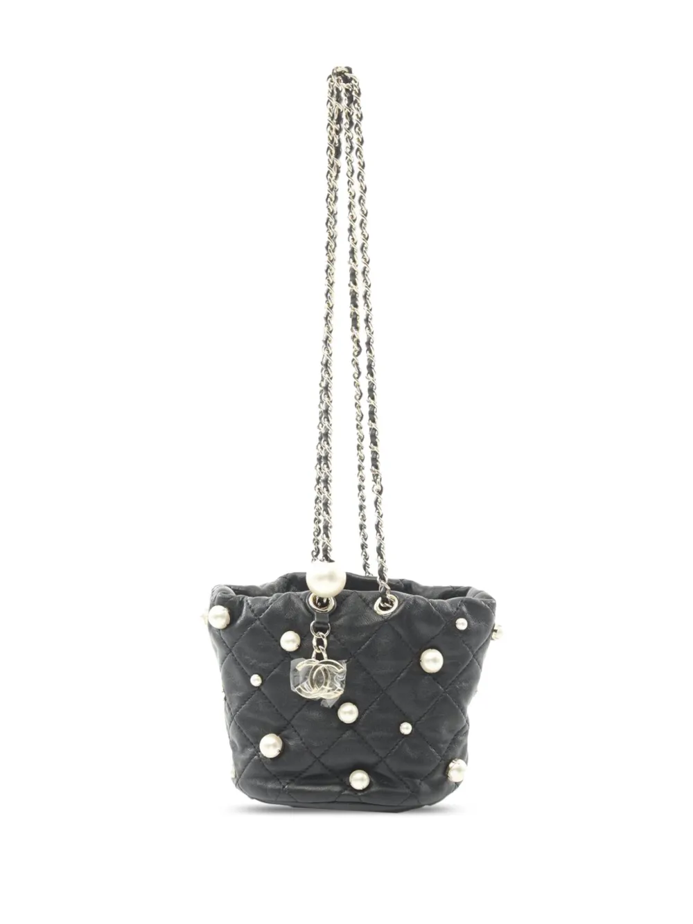 CHANEL Pre-Owned 2021 Mini Quilted Lambskin About Pearls Drawstring bucket bag | Black | Image 1