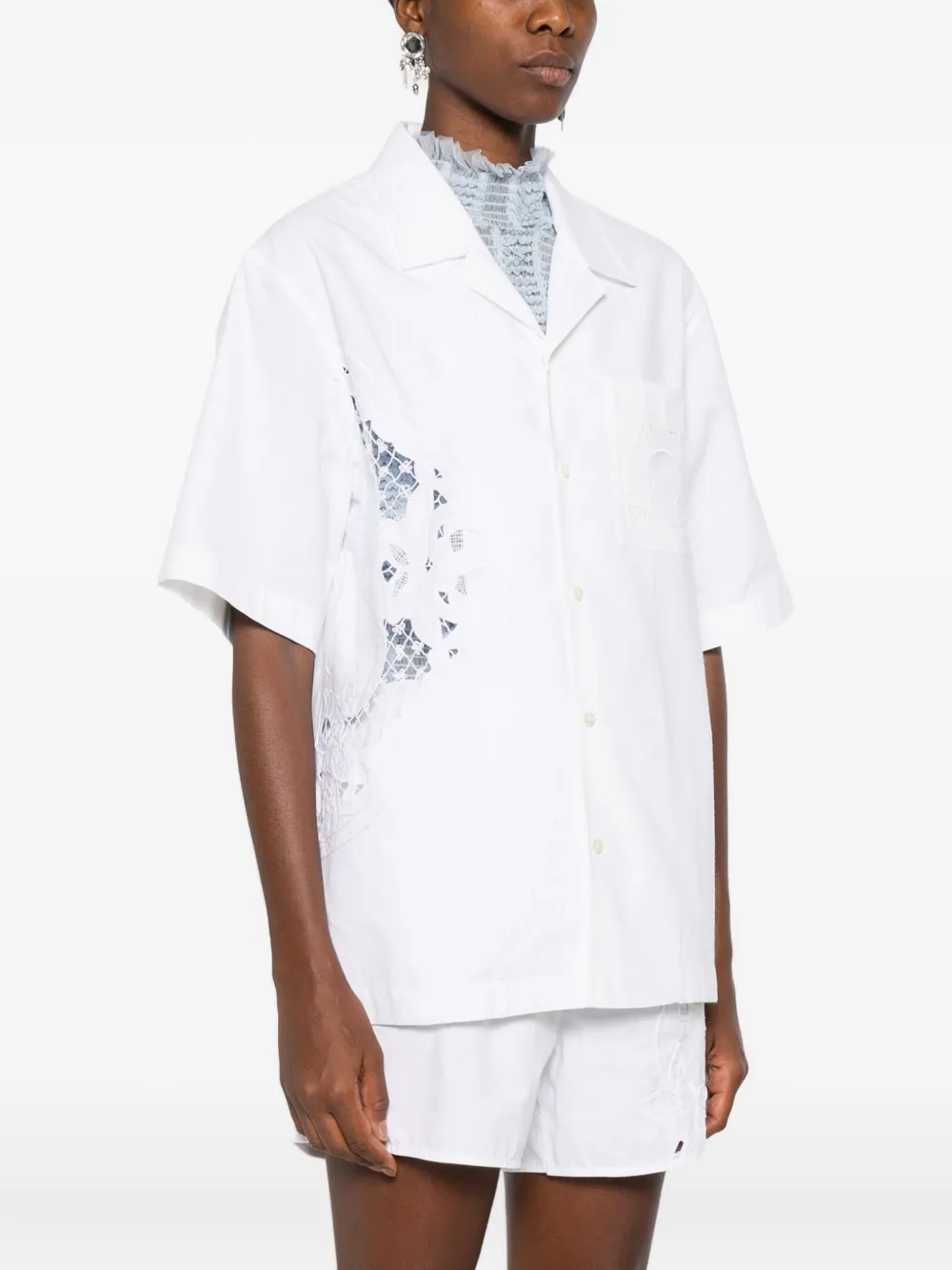 Marine Serre Blouse met kanten vlakken en korte mouwen Wit