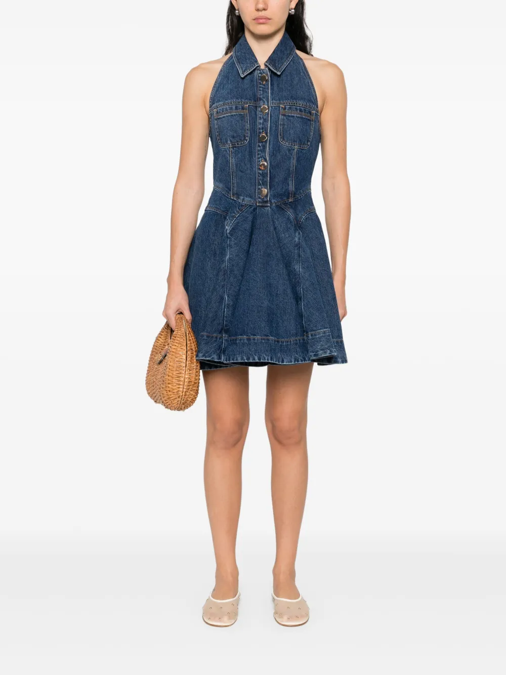 Self-Portrait denim sleeveless mini dress - Blauw