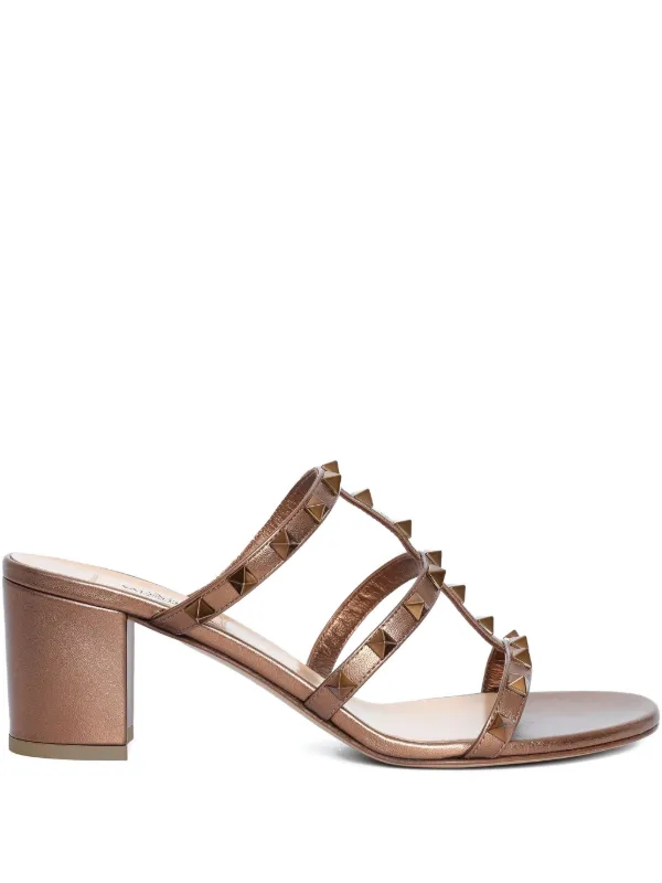 Valentino Garavani Rockstud Metallic Calfskin Leather Slide Sandals 60 Mm in Brown