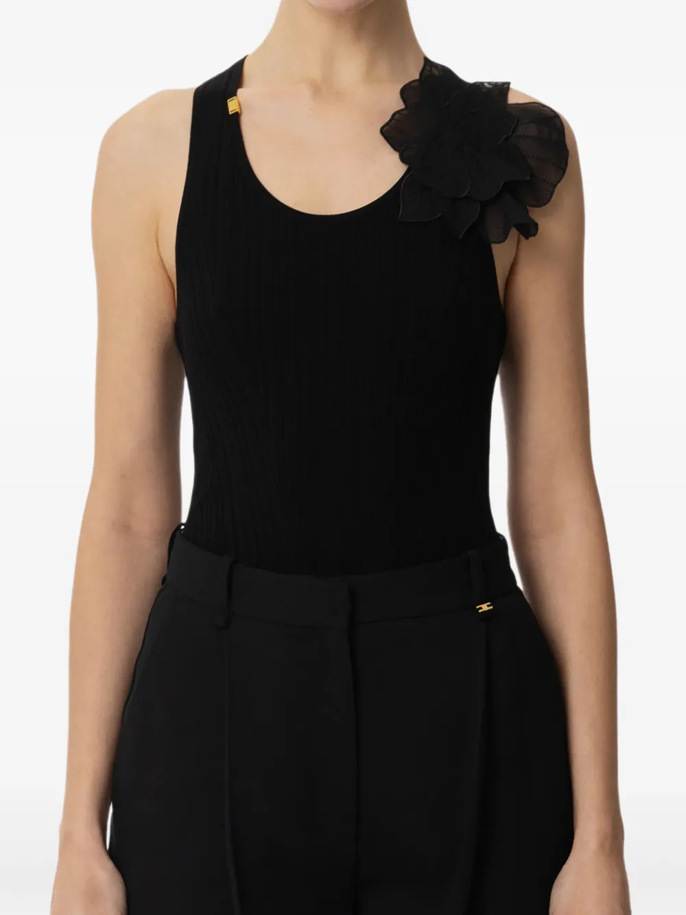 Elisabetta Franchi ribbed flower-embellished top Zwart