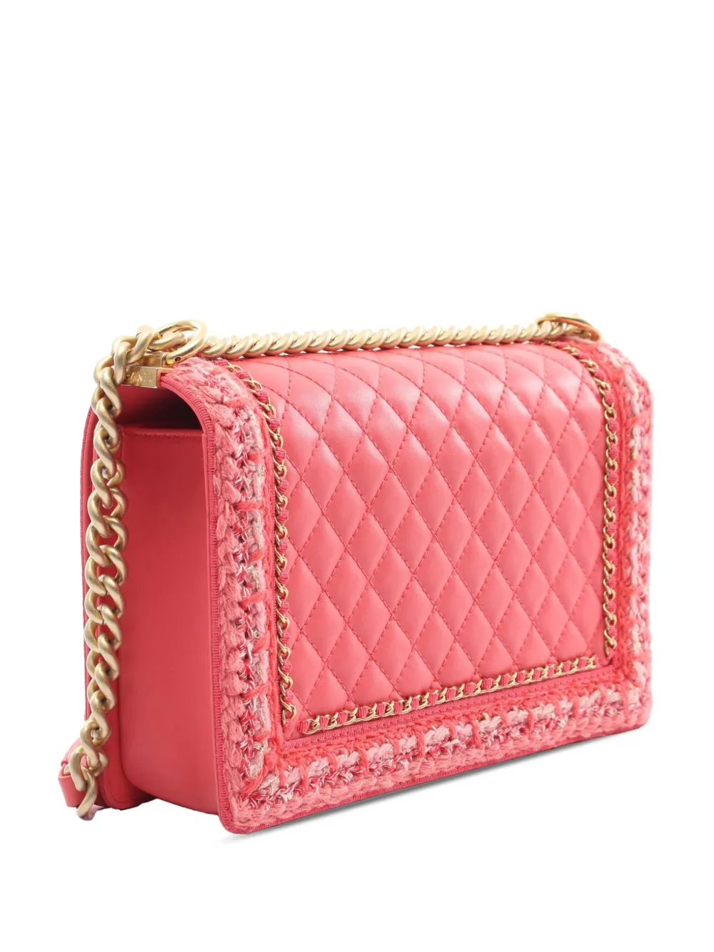 Pre-owned Chanel 2016-2017 Old Medium Lambskin And Braided Tweed Jacket Boy Flap Crossbody Bag In Pink