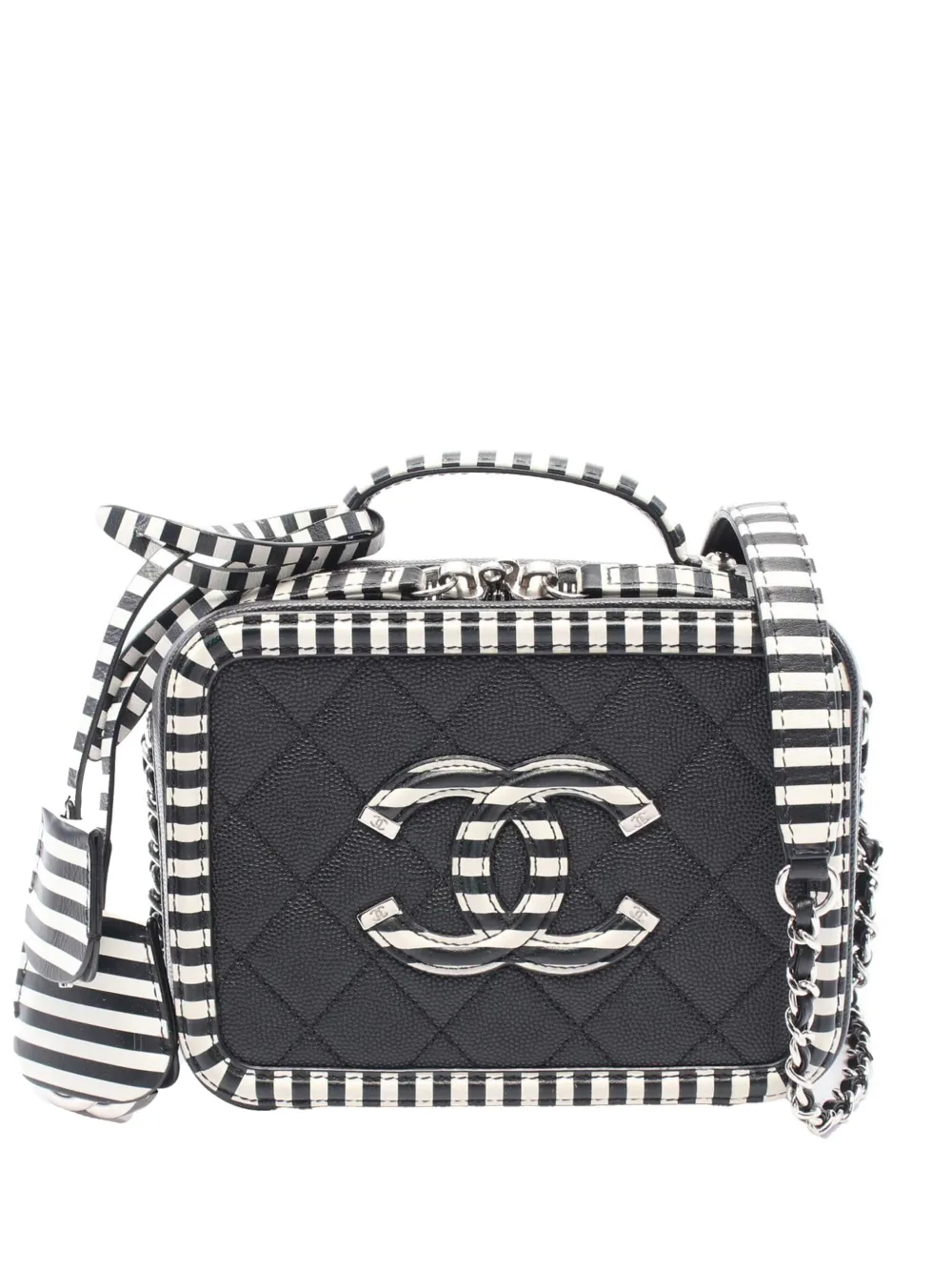 CHANEL Pre-Owned 2019 スモール キャビア ストライプ ココマーク フィリグリー ケース バニティバッグ - ブラック CHANEL Pre-Owned 2019 スモール キャビア ストライプ ココマーク フィリグリー ケース バニティバッグ - ブラック