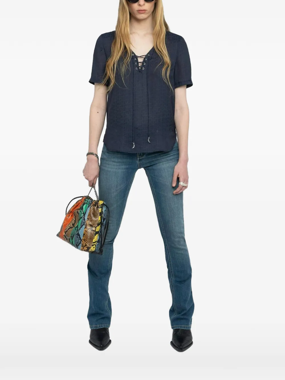 Zadig&Voltaire T-shirt met V-hals en veters Blauw