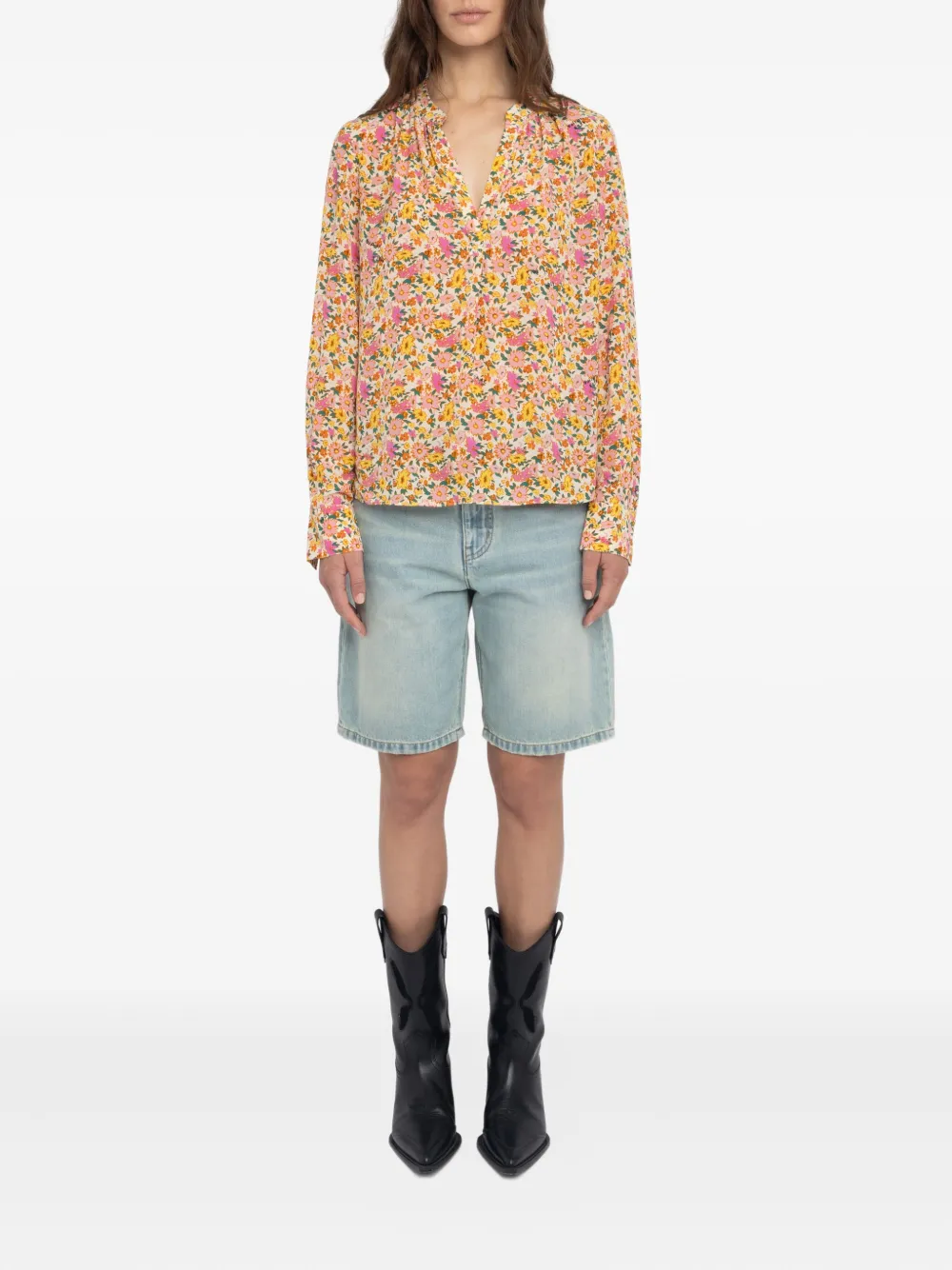 Zadig&Voltaire Tink floral-print V-neck tunic top Geel