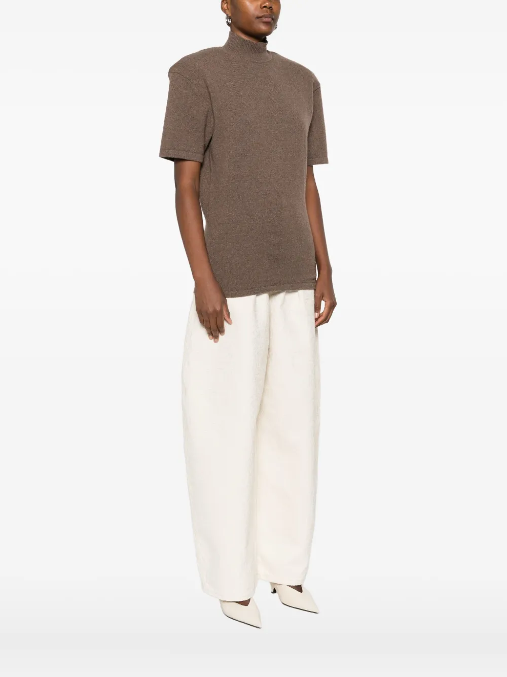 Jacquemus Short Sleeve Mock Neck Top With Shoulder Pads In Brown