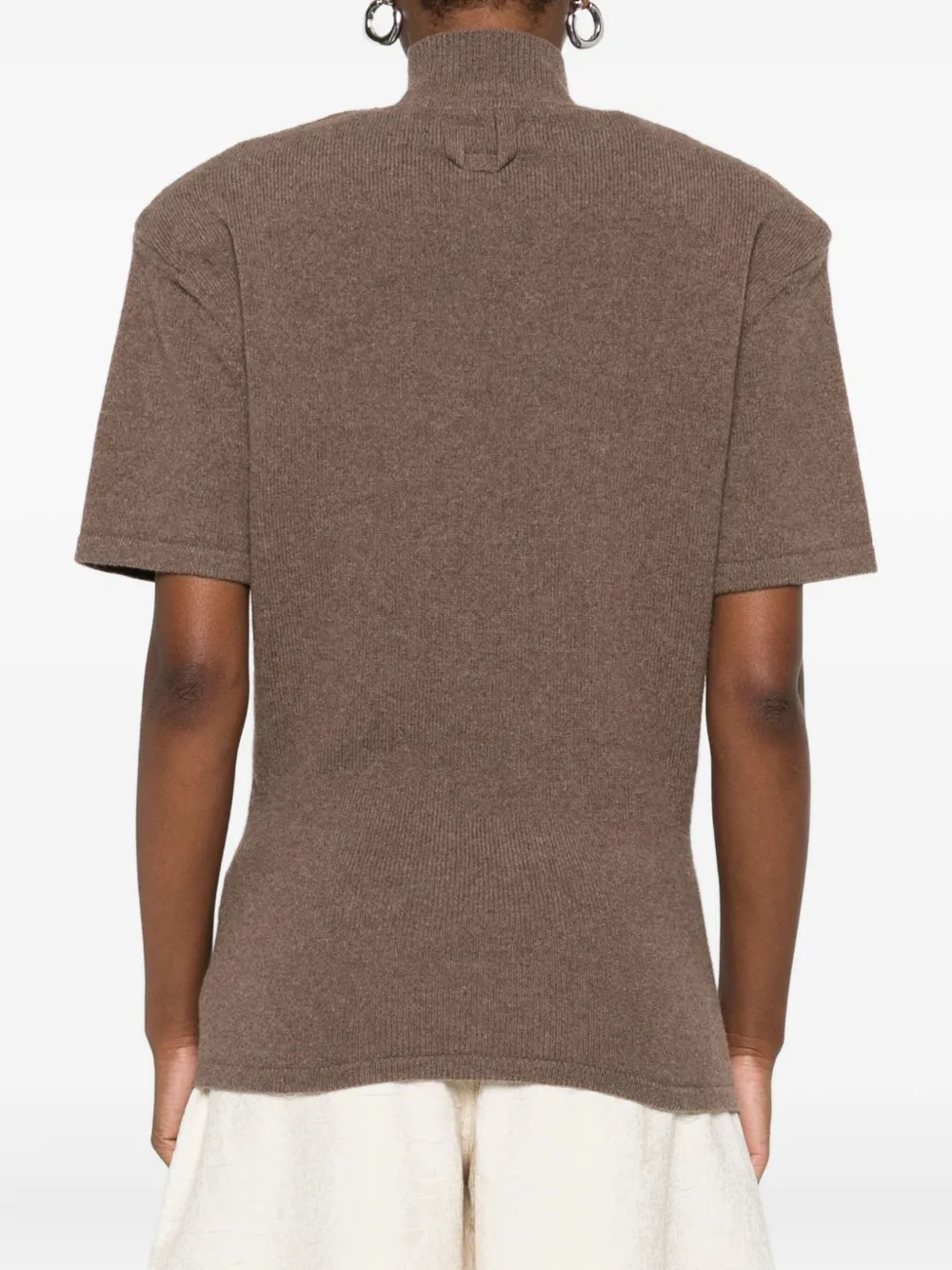 Jacquemus Short Sleeve Mock Neck Top With Shoulder Pads In Brown