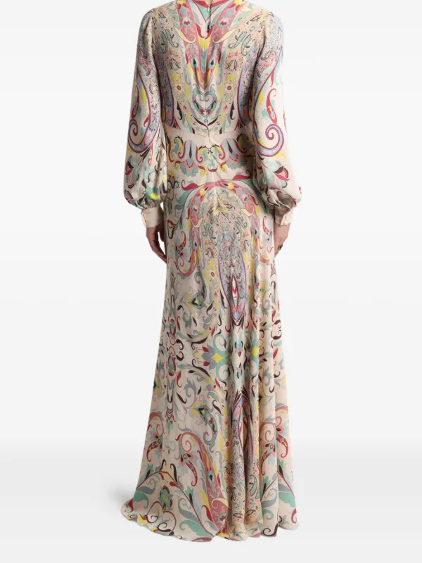 etro printed maxi dress Etro Lotus Paisley-Print Long-Sleeve A-Line Gown