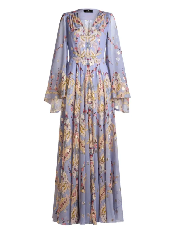 open lace back dress Etro Purple Multicolor Paisley Print Long Sleeve V-Neck Midi Dress