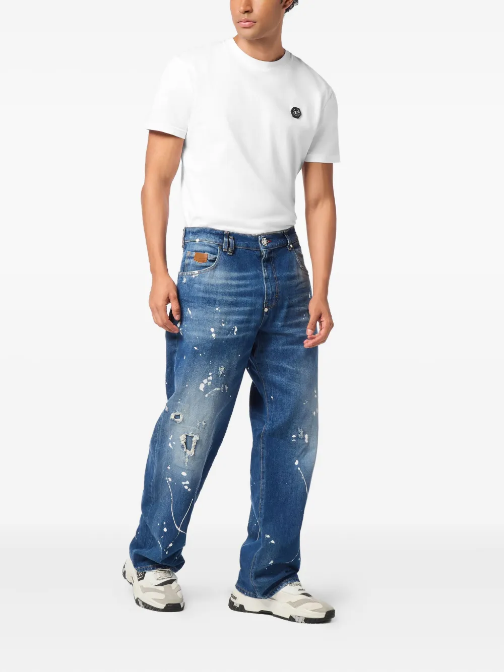 Philipp Plein Beach Boy Fit paint-splatter distressed jeans - Blauw