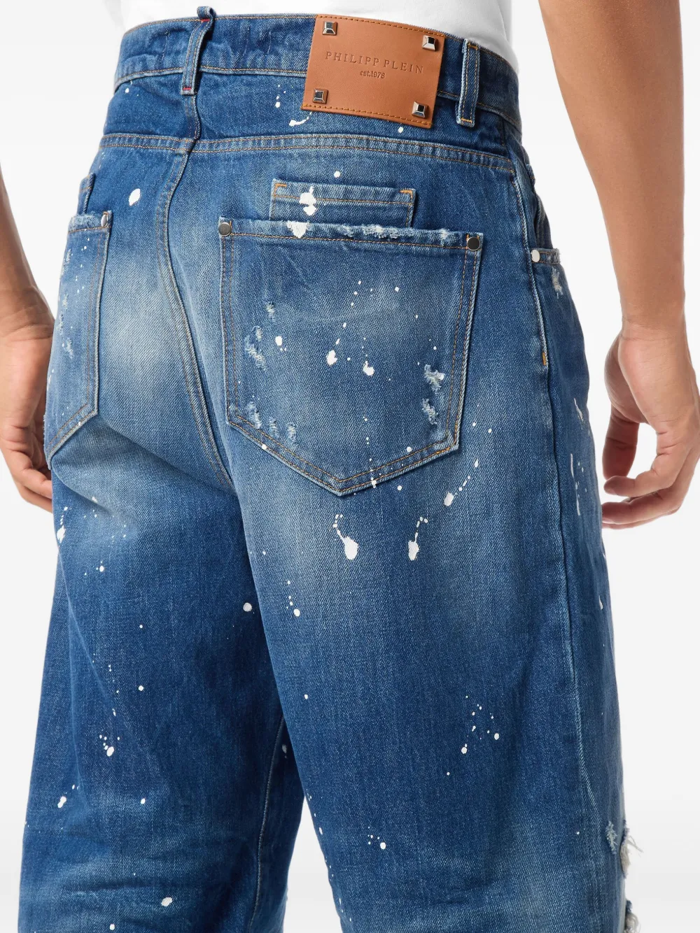 Philipp Plein Beach Boy Fit paint-splatter distressed jeans Blauw