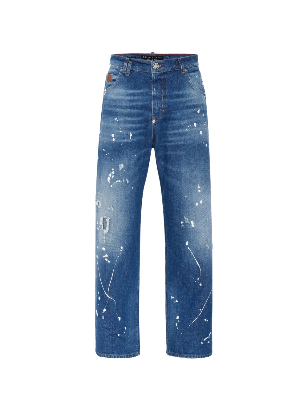 Philipp Plein Beach Boy Fit gerafelde jeans met verfspatten Blauw