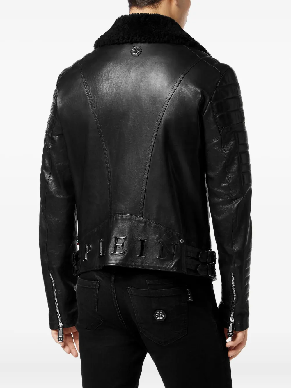 Philipp Plein Bikerjack met lammy kraag Zwart