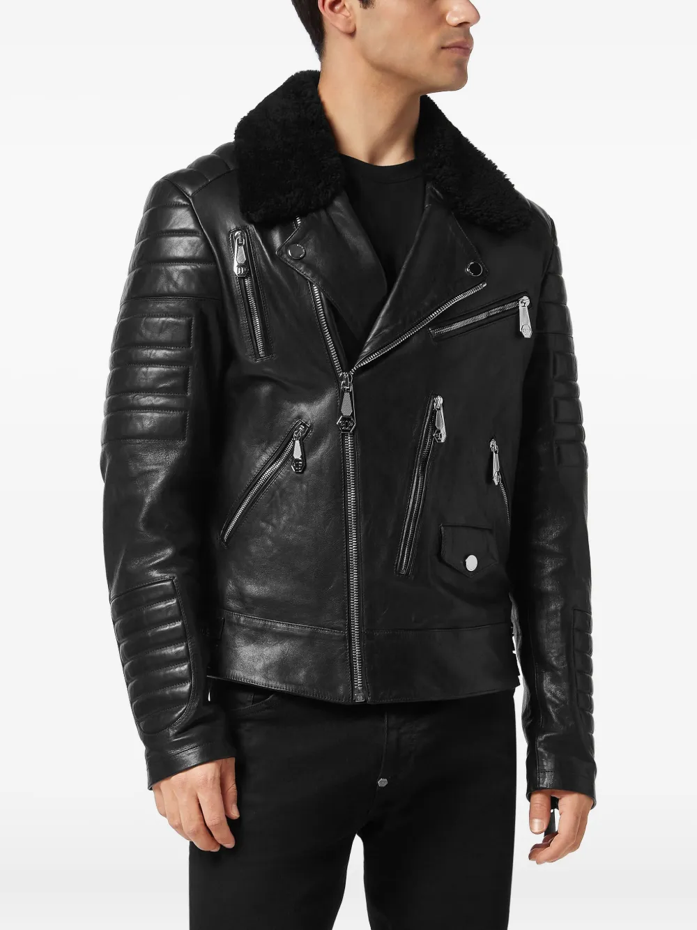 Philipp Plein Bikerjack met lammy kraag Zwart