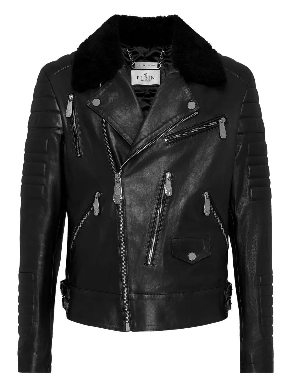 Philipp Plein Bikerjack met lammy kraag Zwart