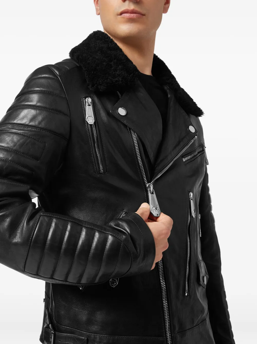 Philipp Plein Bikerjack met lammy kraag Zwart