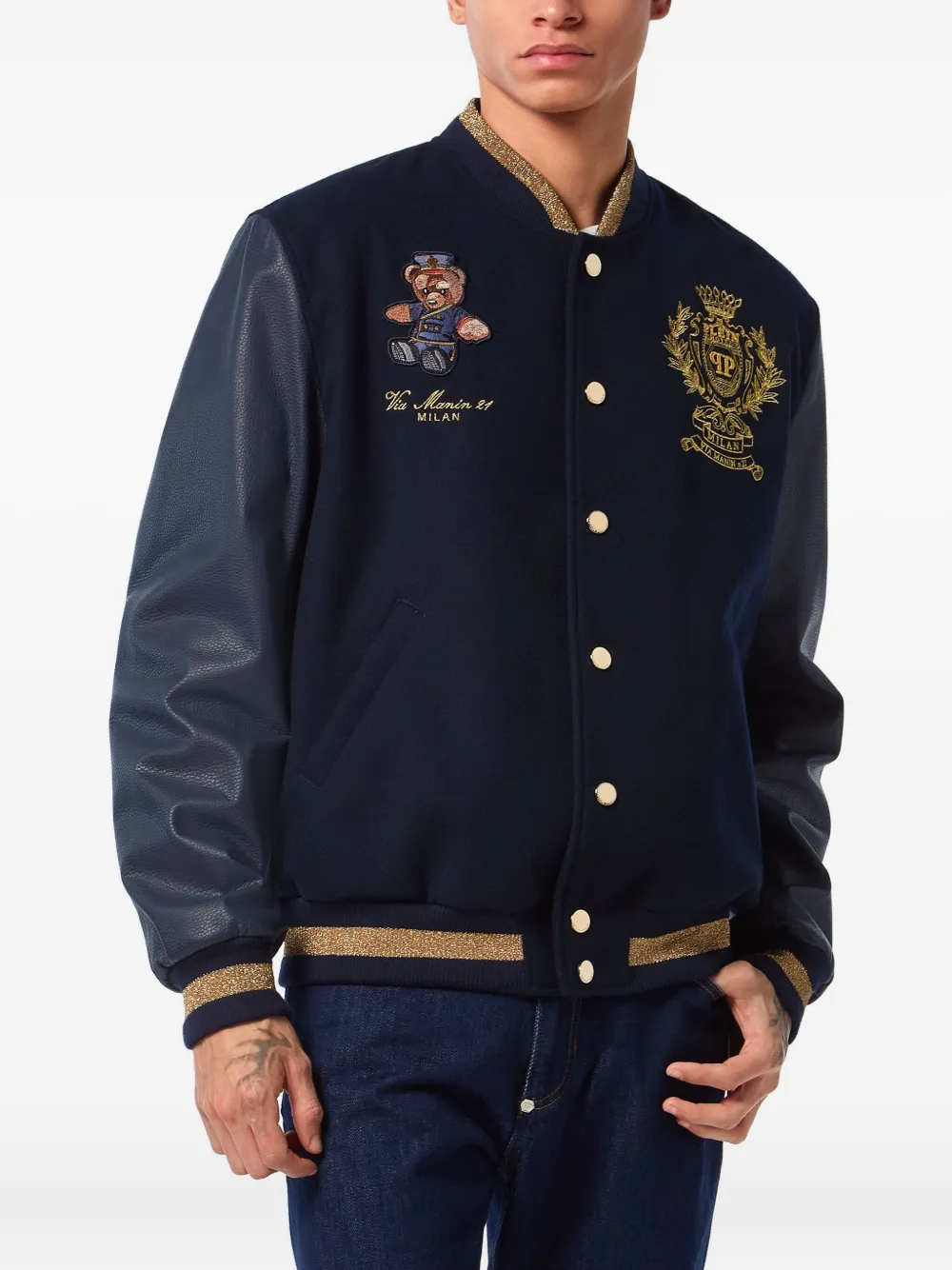 Philipp Plein Teddy Doorman jack met geborduurde beer Blauw