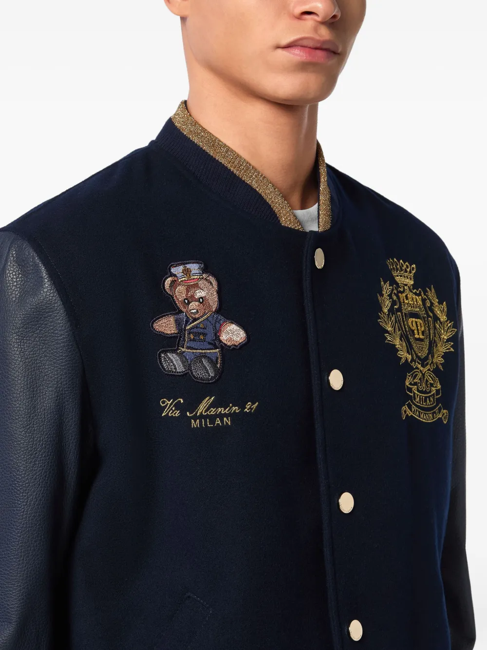Philipp Plein Teddy Doorman jack met geborduurde beer Blauw