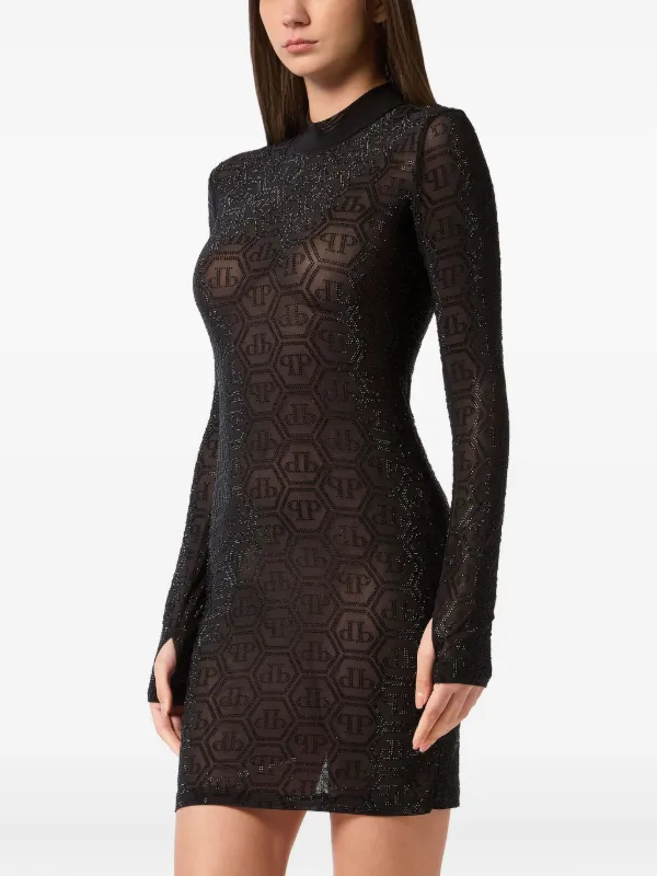 philipp plein mini dress PHILIPP PLEIN - Embroidered Long-Sleeved Mini Dress Crystal Skull