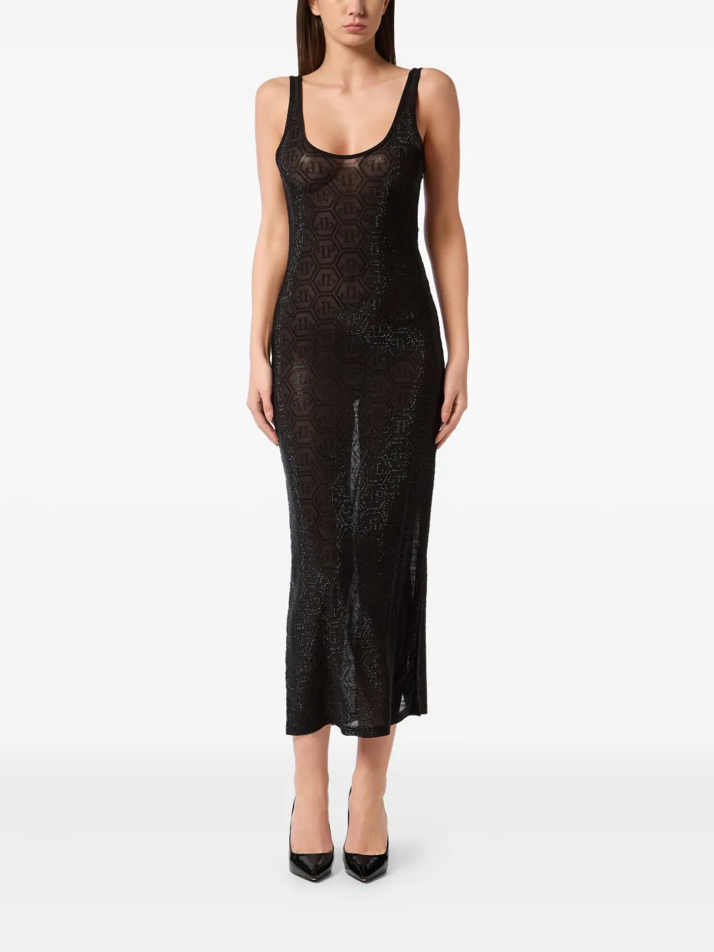 Philipp Plein Tulle Monogram Strass Midi Dress In Black
